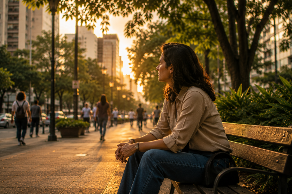 Mulher sentada em um banco observando a cidade ao entardecer, em um momento de reflexão